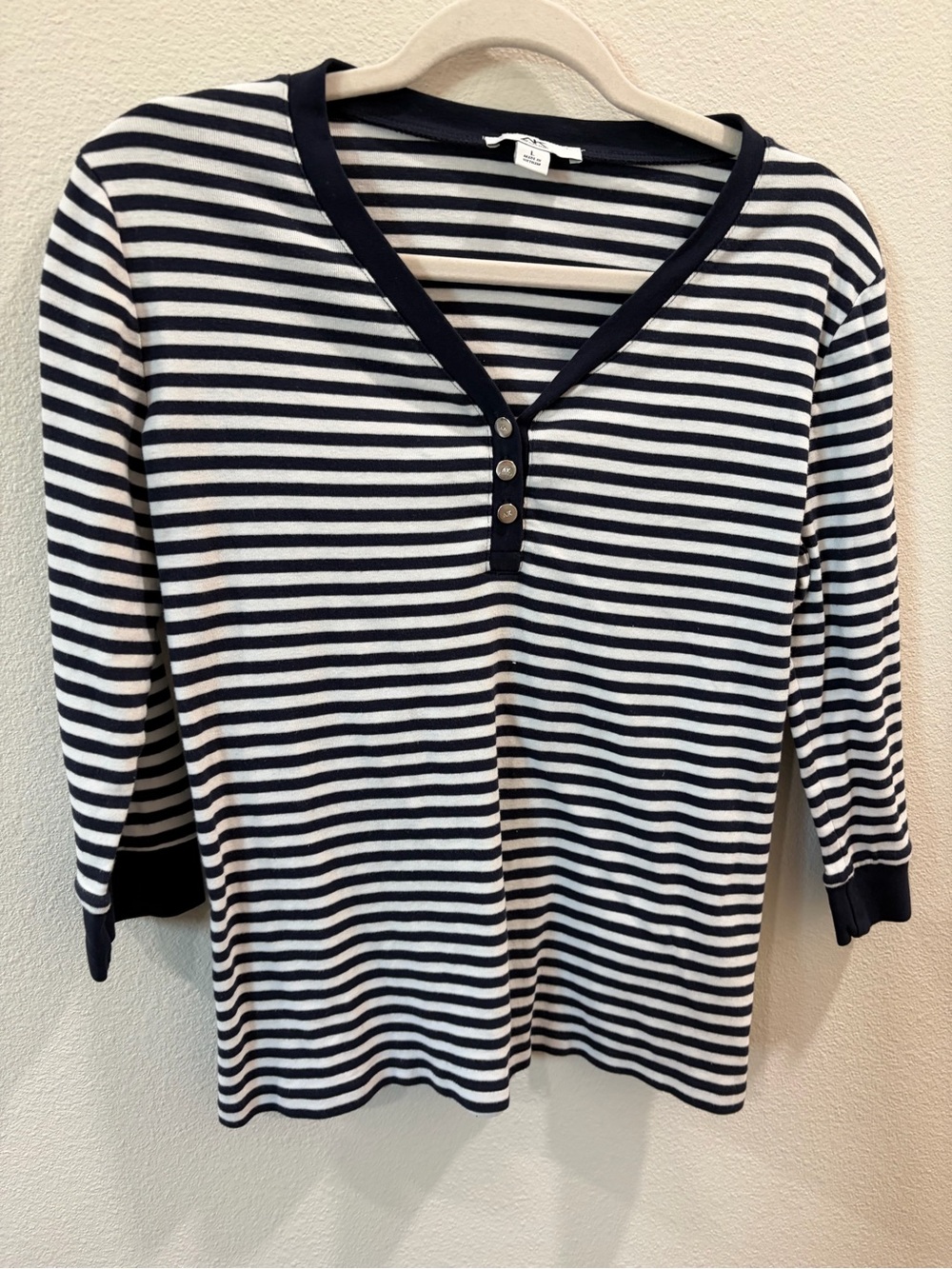 Anne Klein Sport Navy & White Striped V-Neck Henley